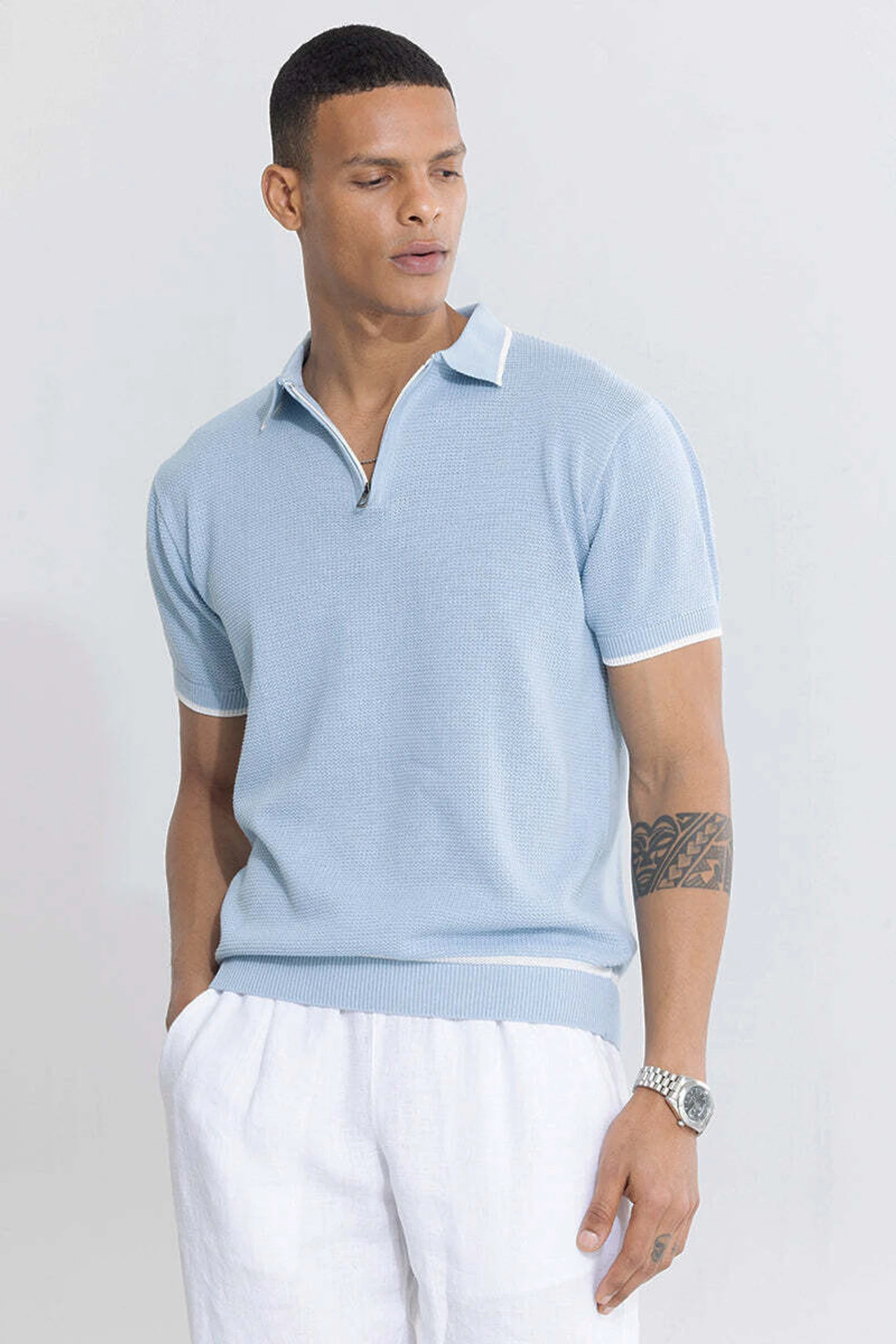 Men Solid Polo Neck Pure Cotton Light Blue T-Shirt