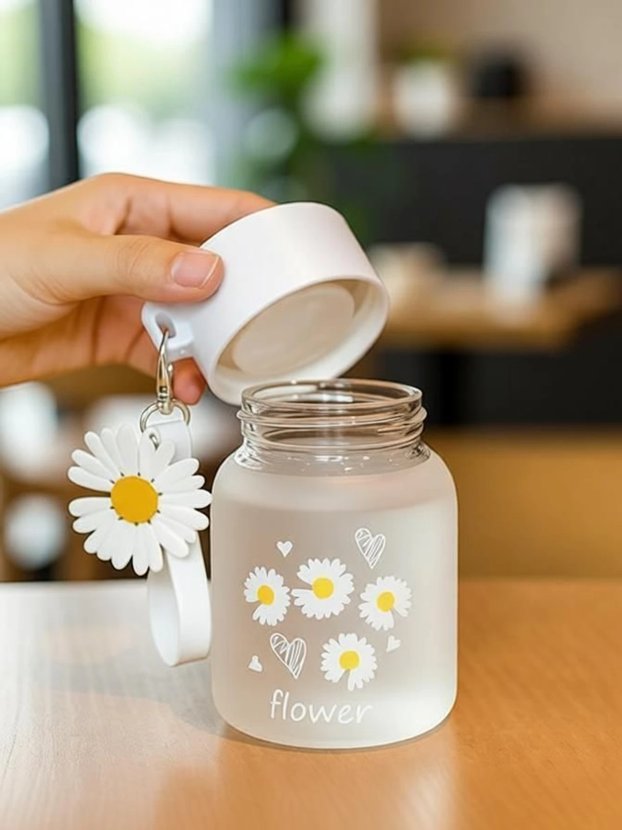 Exactor 350Ml Cute Flower Frosted Glass Small Bottle Travel Cup Lid h13