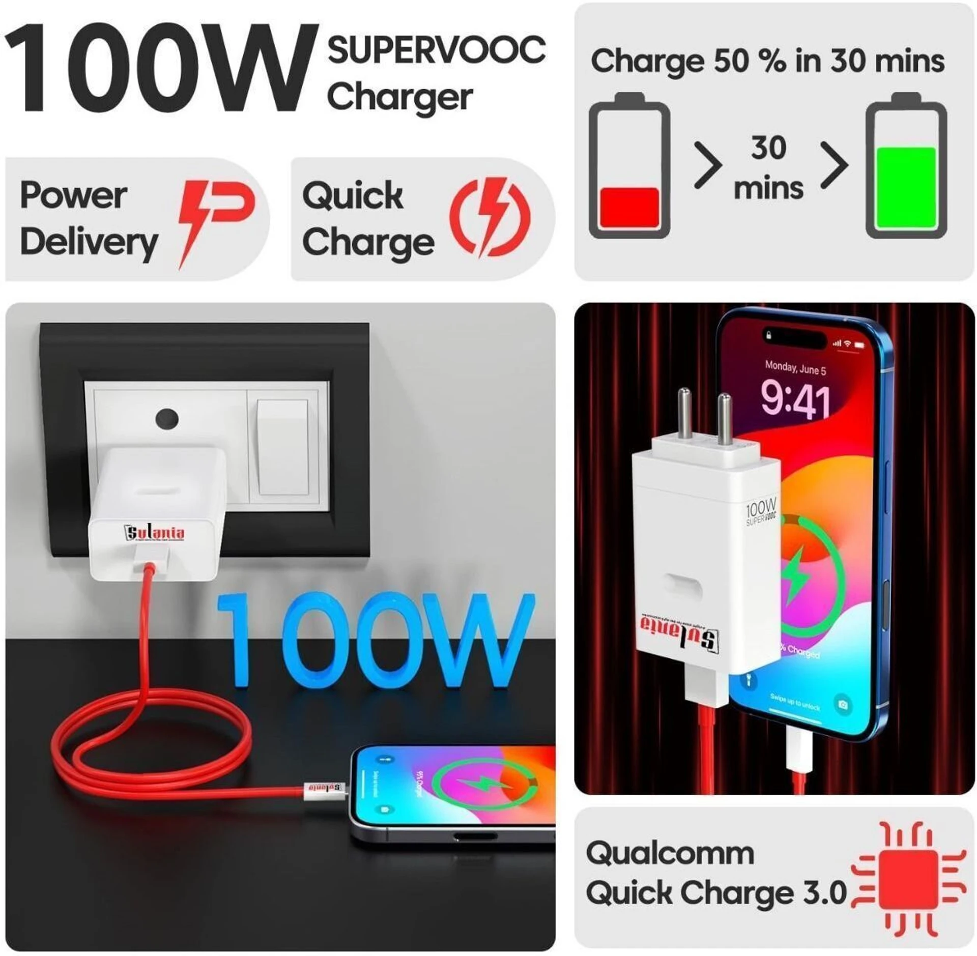 100 W SuperVOOC 9 A Wall Charger for Mobile with Detachable Cable