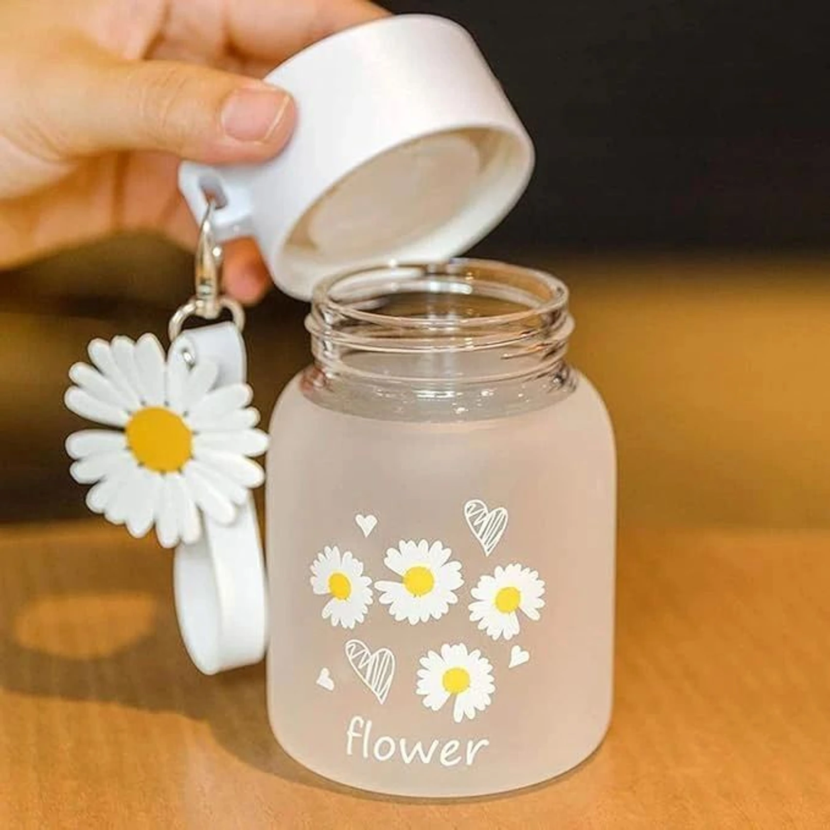 Exactor 350Ml Cute Flower Frosted Glass Small Bottle Travel Cup Lid h13
