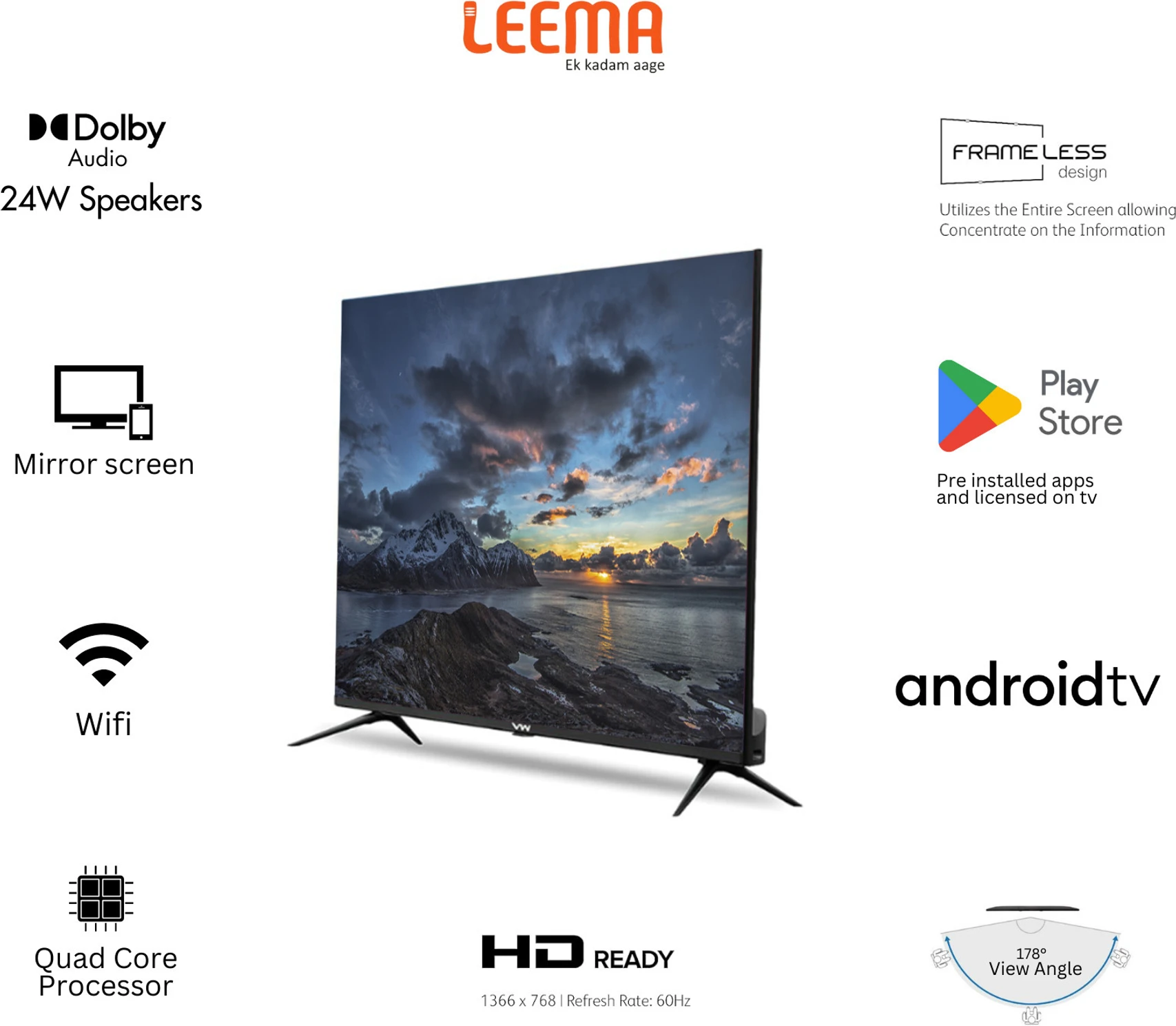 Leema 80 Cm 32 Inch Hd Ready Led Smart Android Tv Wall Mount e3