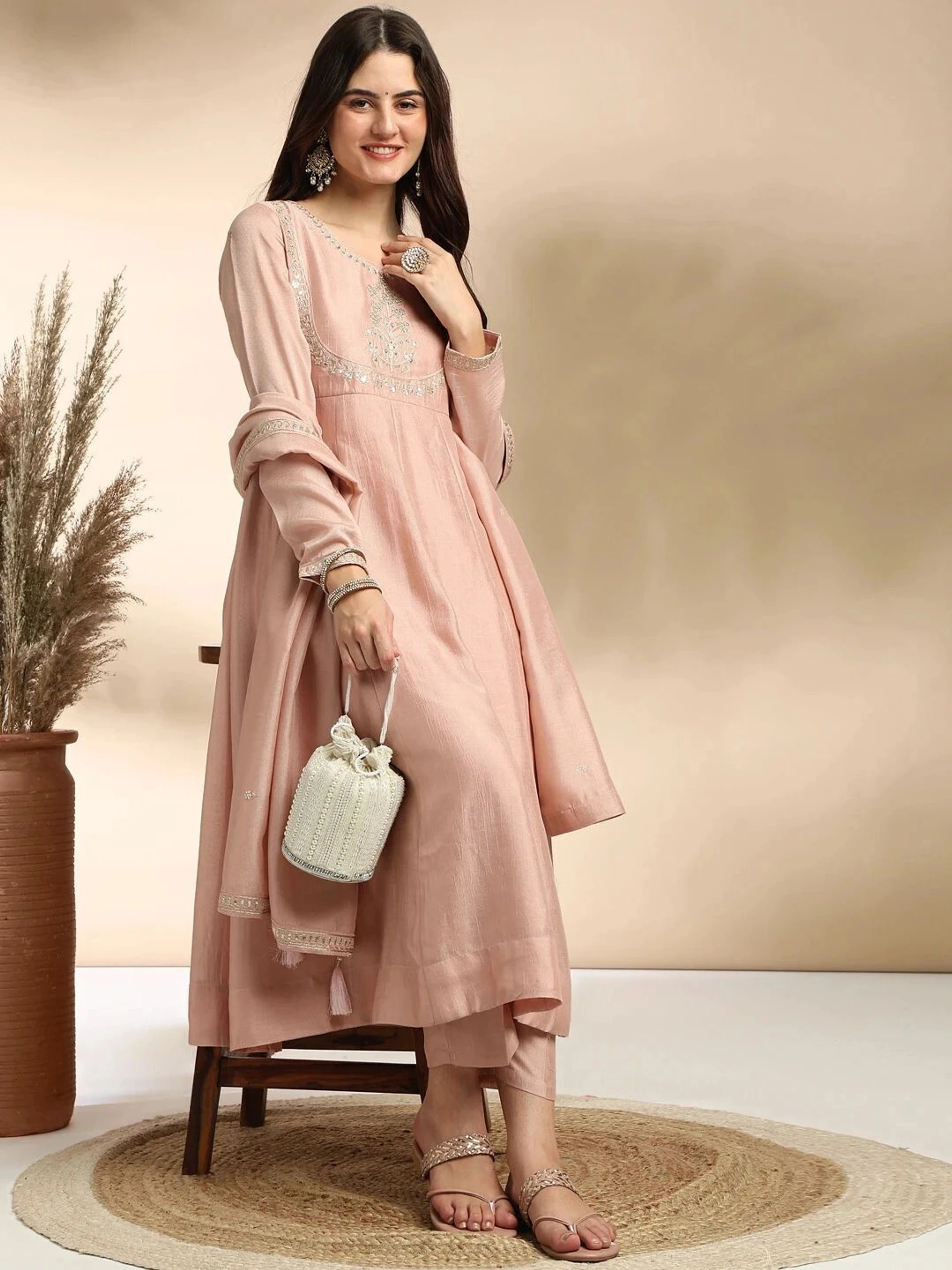 Mokosh Women Kurta Pant Dupatta Set Creamy p10