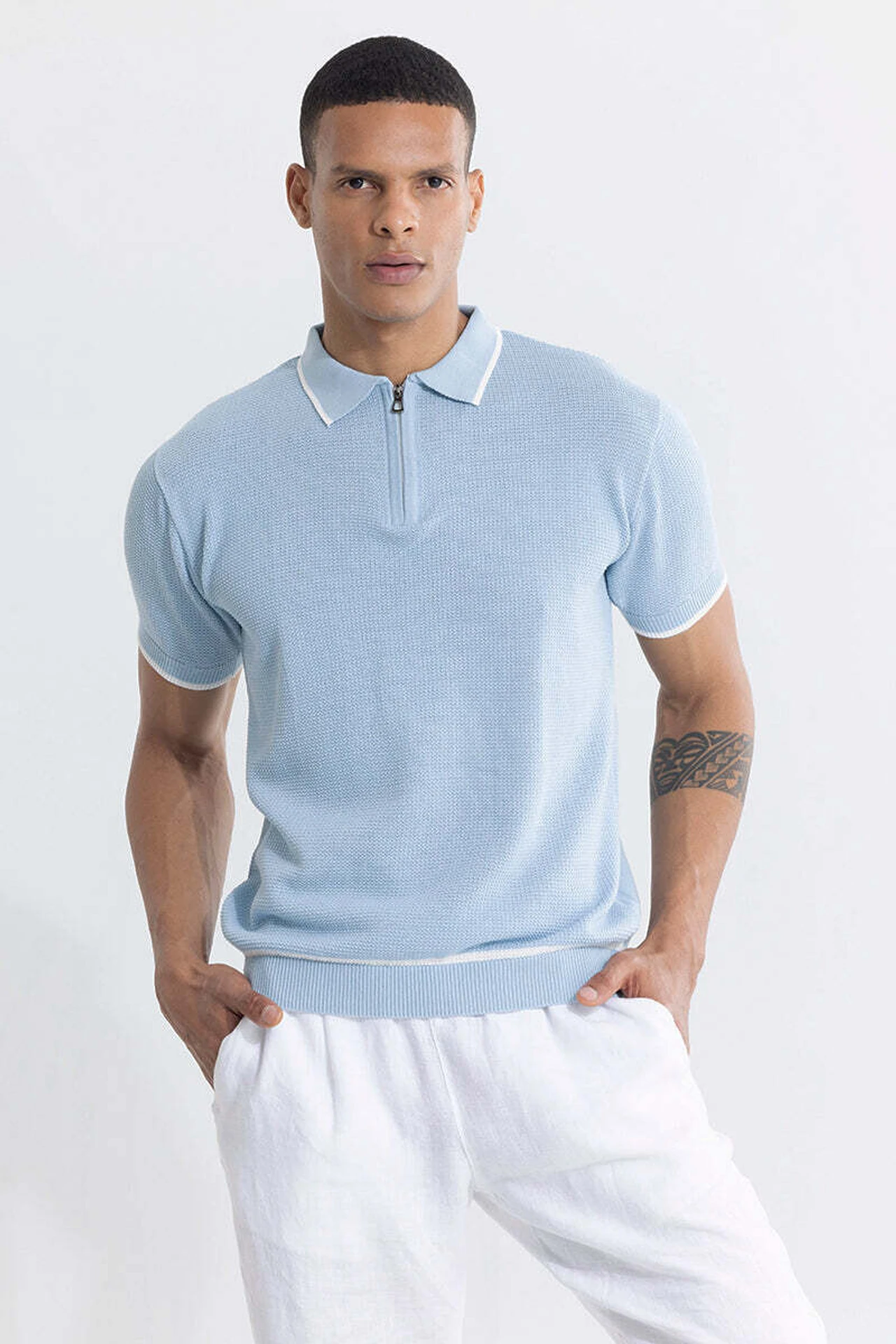 Men Solid Polo Neck Pure Cotton Light Blue T-Shirt