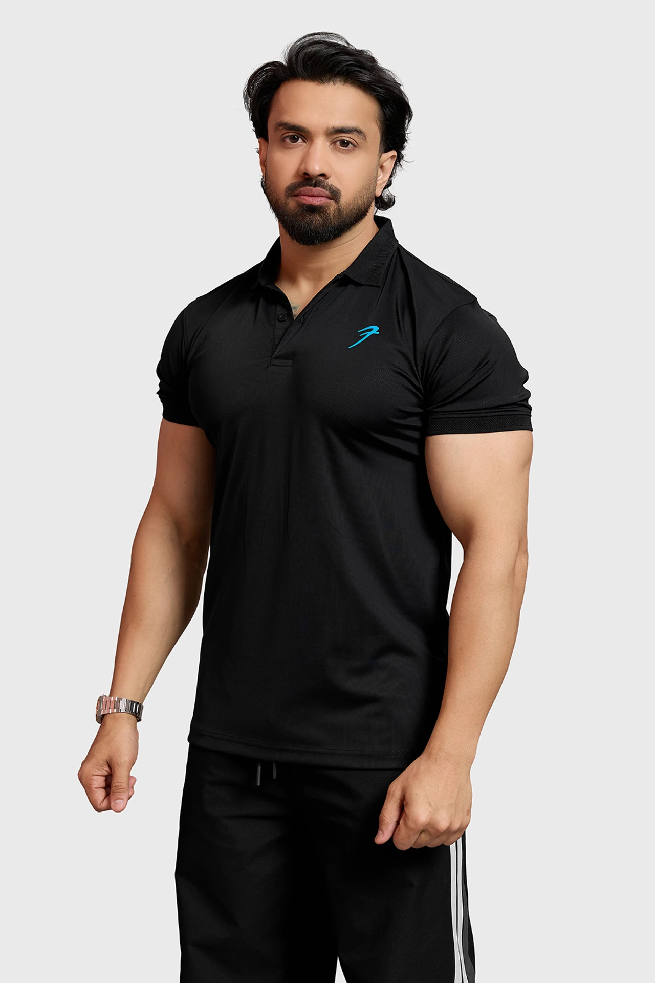 Men Solid Polo Neck Nylon Black T-Shirt