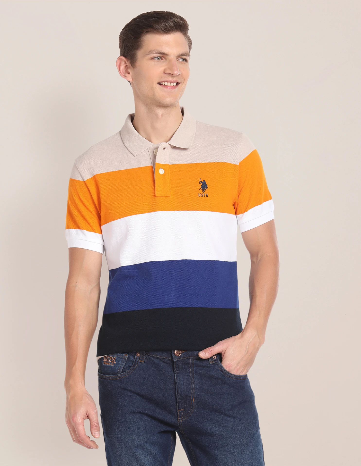 Men Colorblock Polo Neck Pure Cotton Yellow T-Shirt