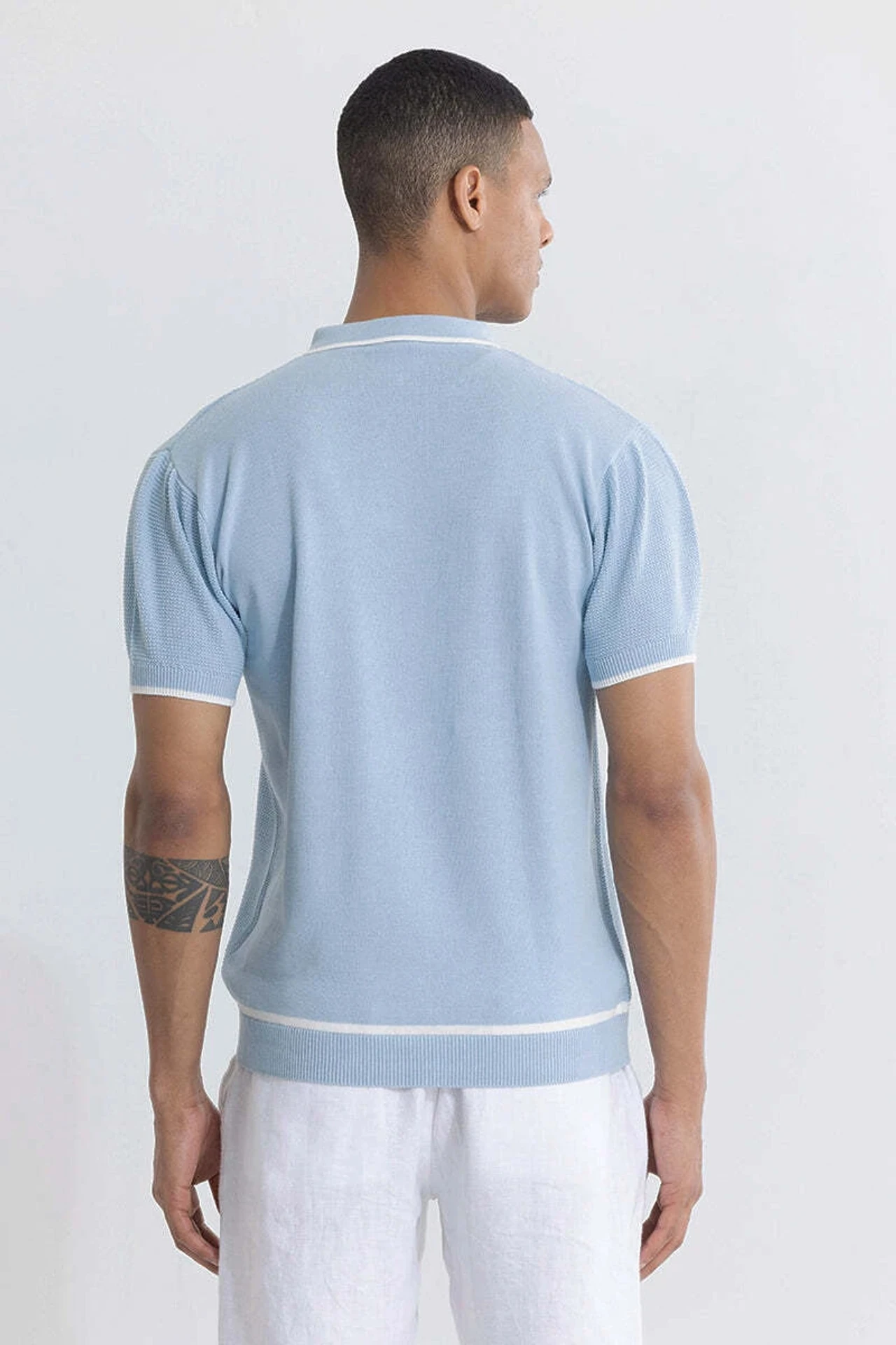 Men Solid Polo Neck Pure Cotton Light Blue T-Shirt