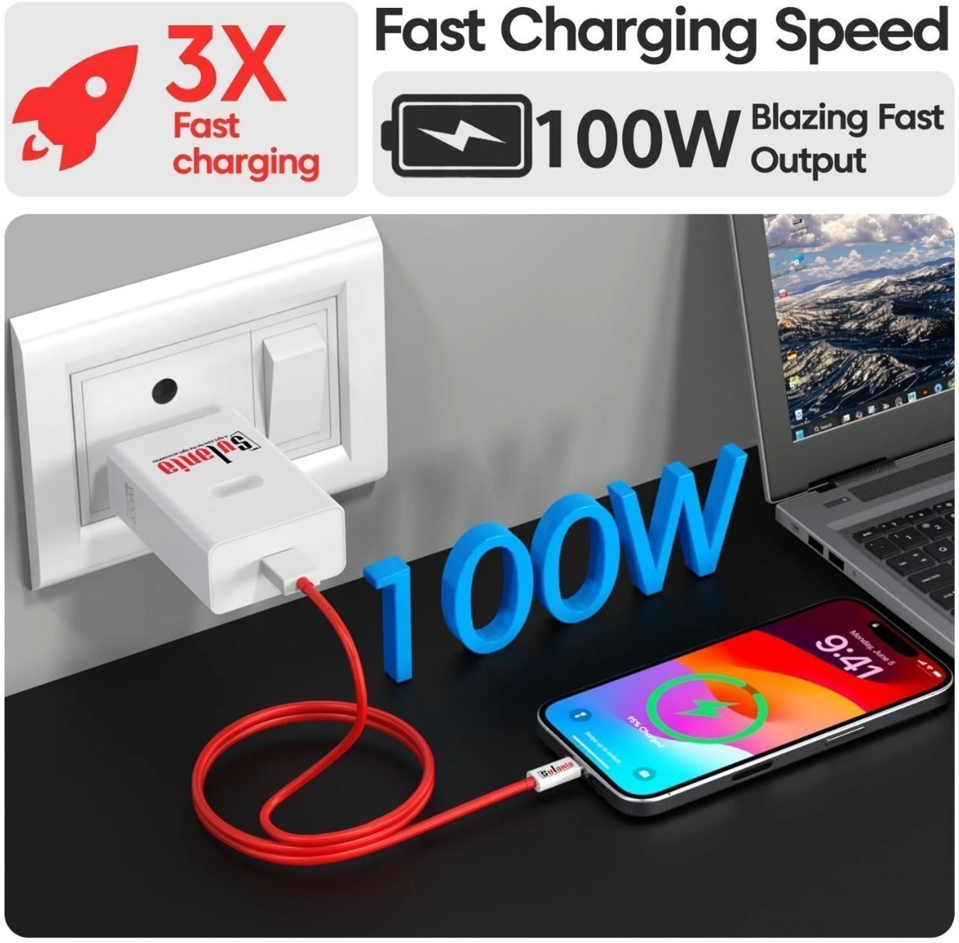 100 W SuperVOOC 9 A Wall Charger for Mobile with Detachable Cable