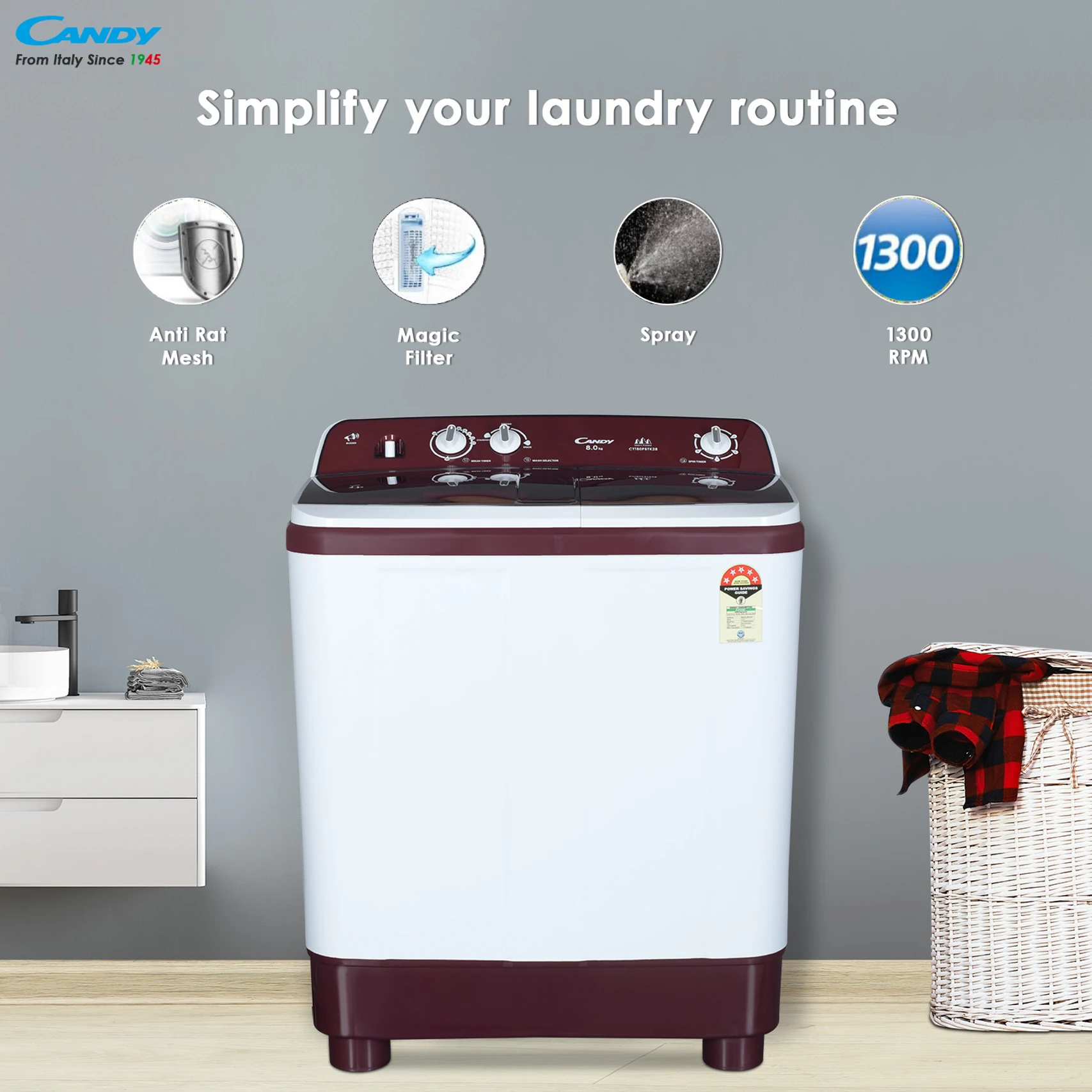 Candy 8 Kg Semi Automatic Top Load Washing Machine e53