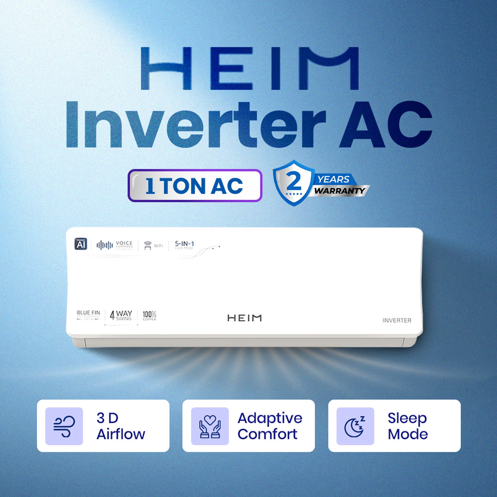 Heim 2025 Model 1 Ton 5 Star Hot Cold Split Inverter Wi Fi Ac e40