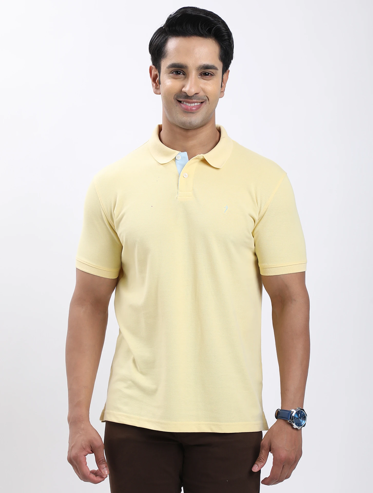 Men Solid Polo Neck Cotton Blend Yellow T-Shirt