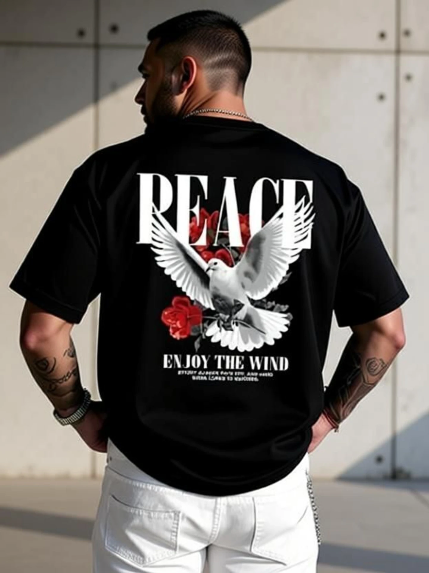 Men Graphic Print Round Neck Pure Cotton Black