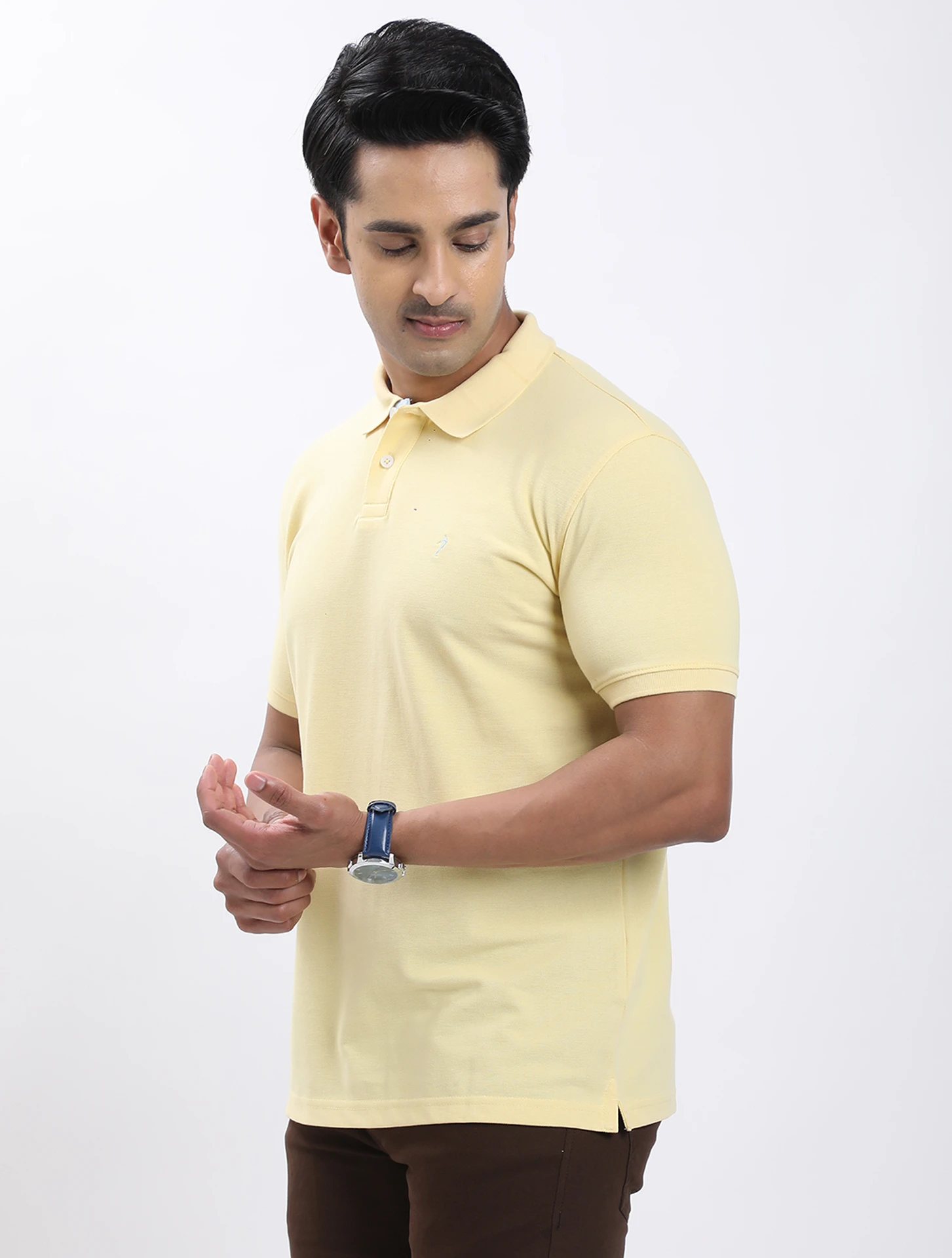 Men Solid Polo Neck Cotton Blend Yellow T-Shirt