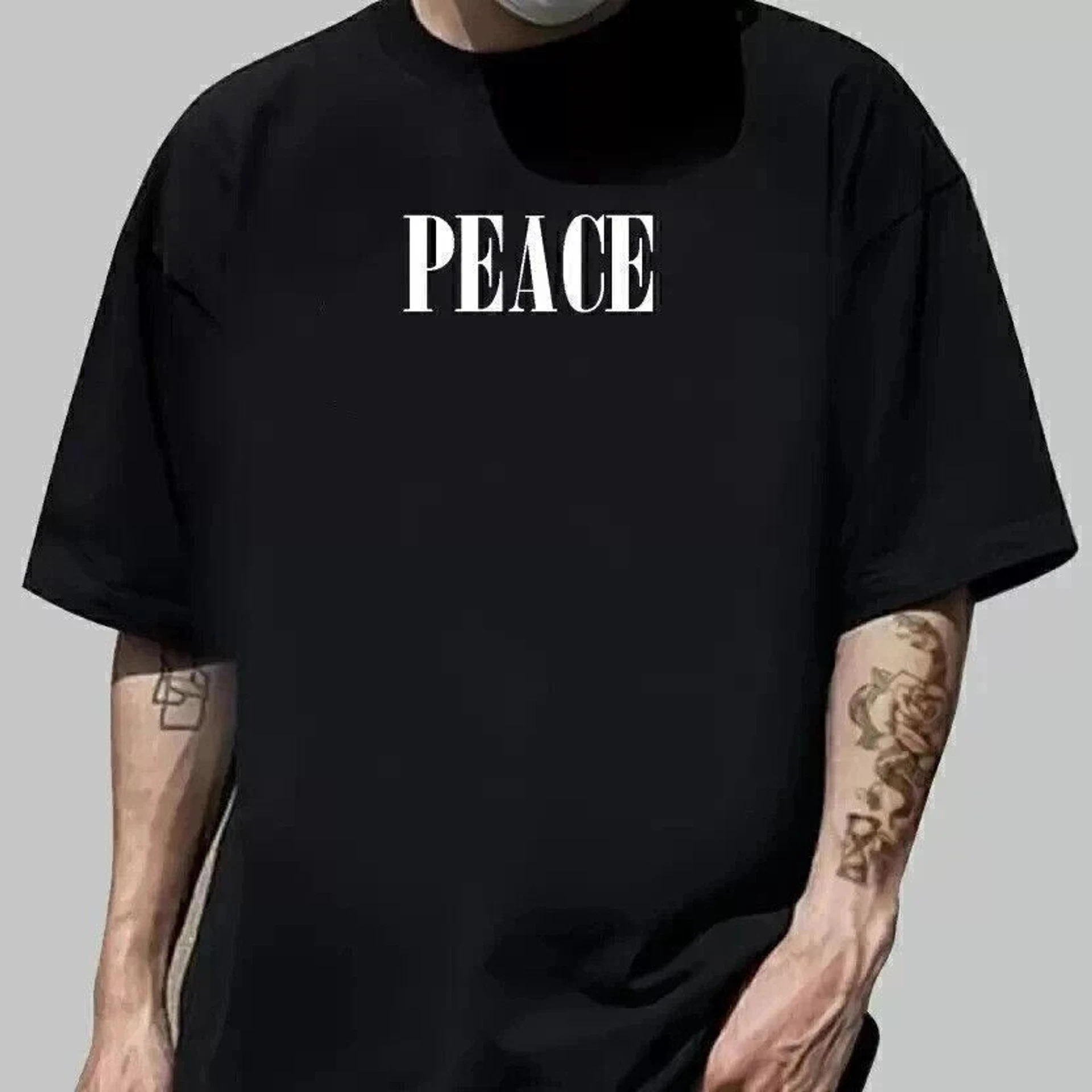 Men Graphic Print Round Neck Pure Cotton Black