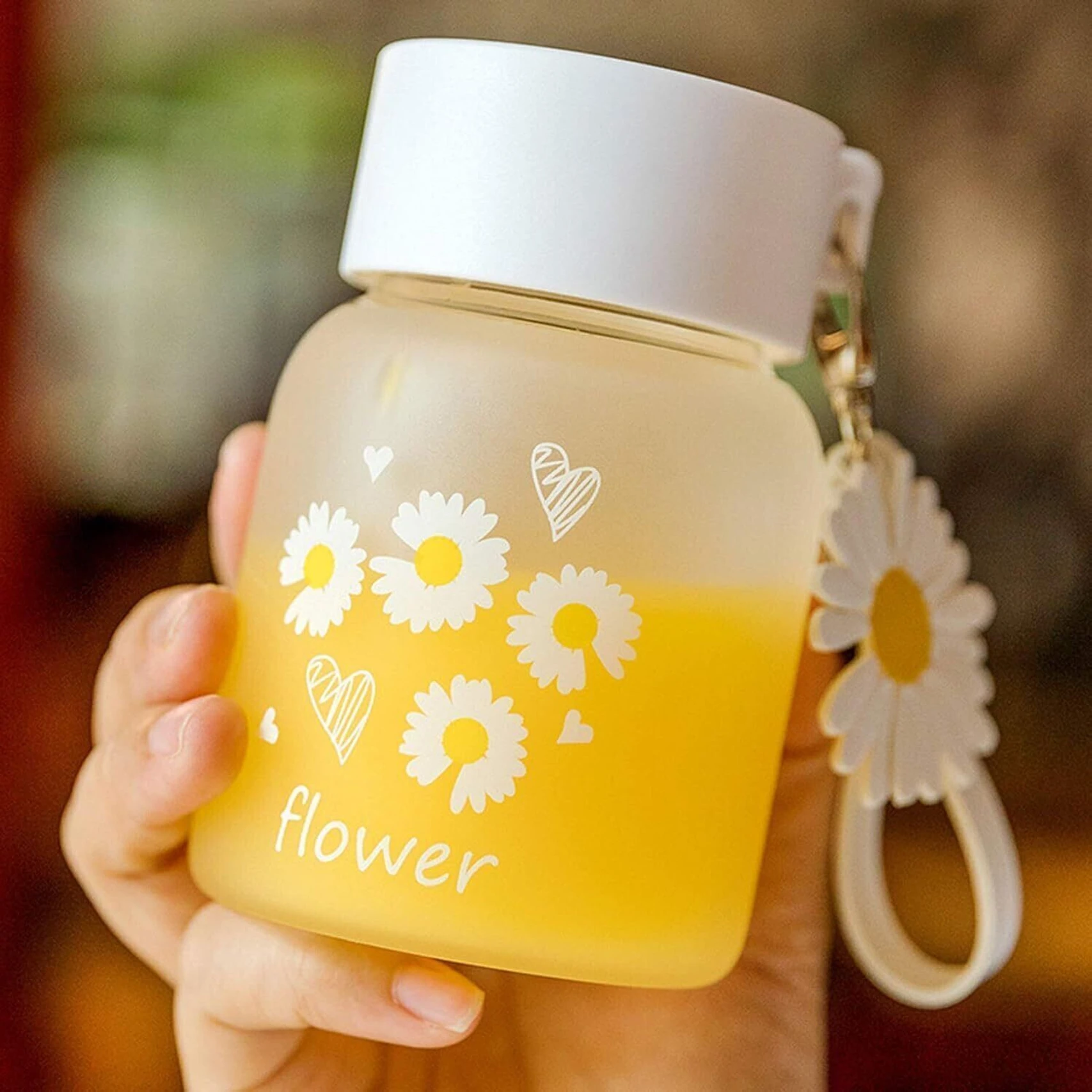 Exactor 350Ml Cute Flower Frosted Glass Small Bottle Travel Cup Lid h13