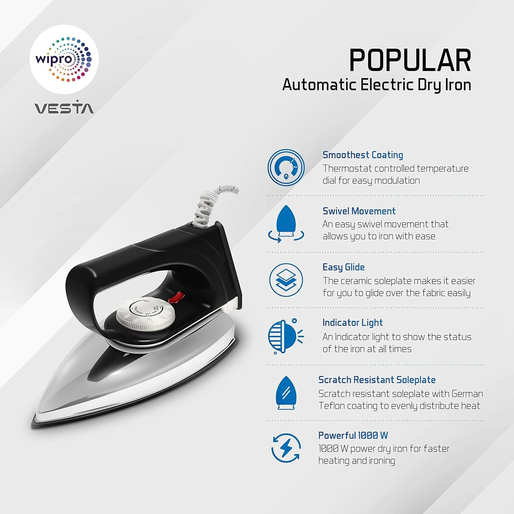 Wipro Gd101 Popular 1000 Watt Electric Lightweight Chrome Finish Anti Bacterial W Dry Iron e72